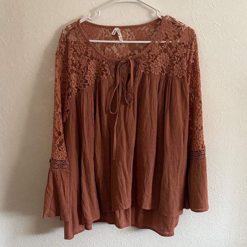 Mudd Women's Lace Detail Blouse in Rich Brown Size XL